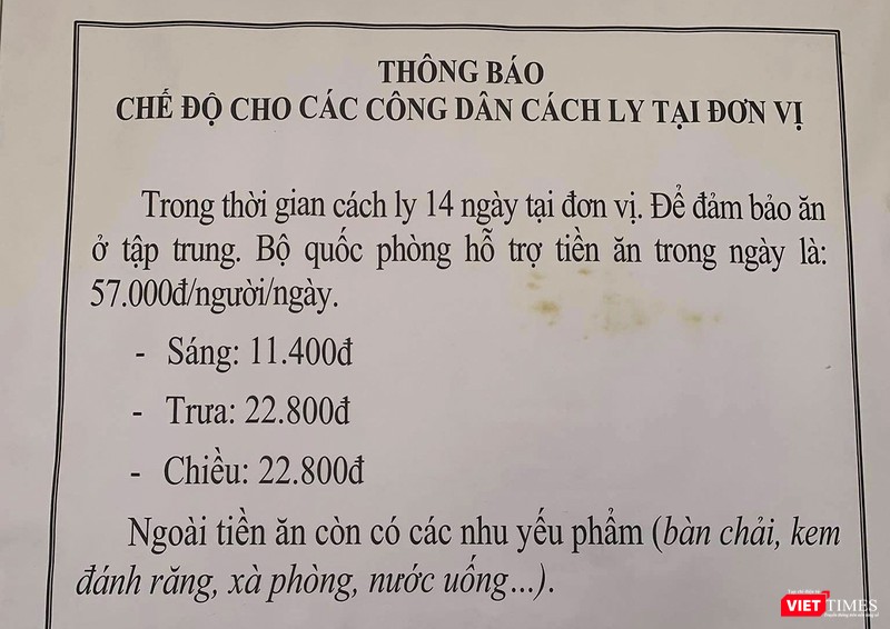 Chế độ thực đơn của mỗi cá nhân tại trung tâm cách ly