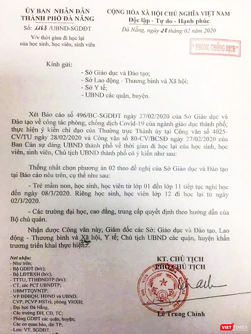 Thông báo của UBND TP Đà Nẵng về việc cho học sinh trên địa bàn trở lại trường Thông báo của UBND TP Đà Nẵng về việc cho học sinh trên địa bàn trở lại trường