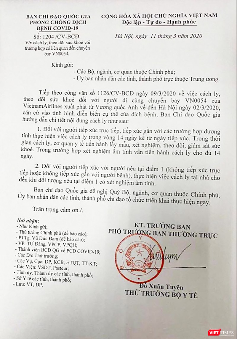 Công văn số 1204 /CV-BCĐ của Ban Chỉ đạo Quốc gia phòng chống dịch COVID-19 yêu cầu cách ly, theo dõi sức khỏe với trường hợp có liên quan đến chuyến bay VN0054 của Vietnam Airlines xuất phát từ Vương quốc Anh về đến Hà Nội ngày 2/3.