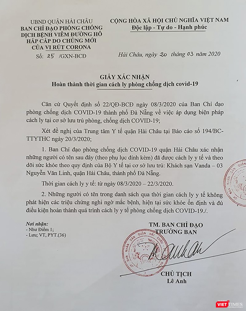 Giấy xác nhận hoàn thánh cách ly phòng, chóng dịch COVID-19 cấp cho du khách và nhân viên khách sạn Vanda Giấy xác nhận hoàn thánh cách ly phòng, chóng dịch COVID-19 cấp cho du khách và nhân viên khách sạn Vanda