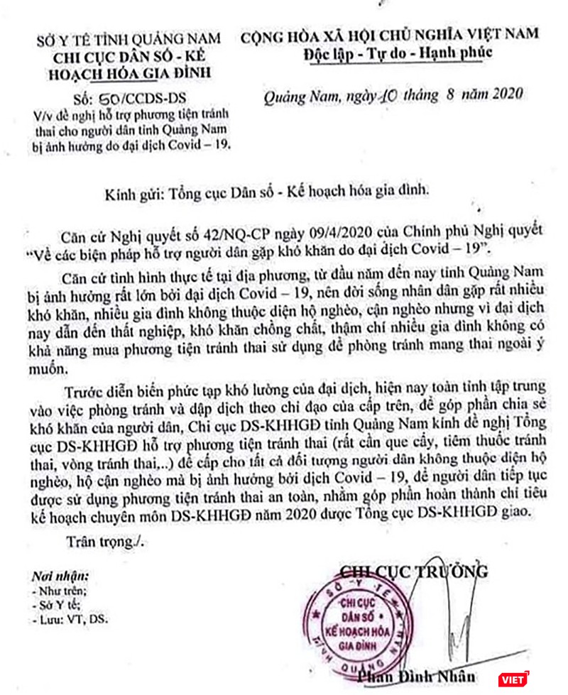 Công văn xin hỗ trợ phương tiện tránh thai của Chi cục DS - KHHGĐ tỉnh Quảng Nam Công văn xin hỗ trợ phương tiện tránh thai của Chi cục DS - KHHGĐ tỉnh Quảng Nam