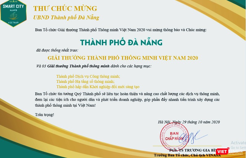 Thư chúc mừng của ban tổ chức về trao giải thưởng TP thông minh năm 2020 cho Đà Nẵng Thư chúc mừng của ban tổ chức về trao giải thưởng TP thông minh năm 2020 cho Đà Nẵng