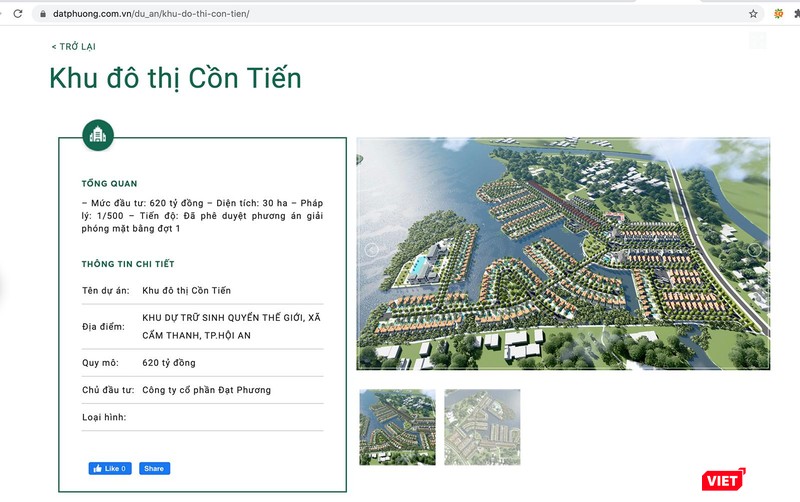 Thông tin dự án bất động sản Khu đô thị Cồn Tiến do Công ty CP Đạt Phương làm chủ đầu tư được xây dựng tại Khu dự trữ sinh quyển thế giới xã Cẩm Thanh, TP Hội An, Quảng Nam