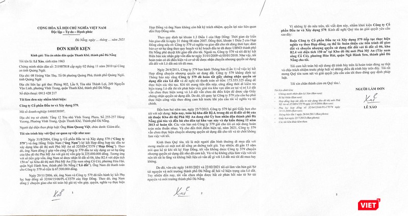 Đơn khởi kiện của ông Lê Xảo gửi TAND quận Thanh Khê (TP Đà Nẵng) để được bảo vệ quyền lợi