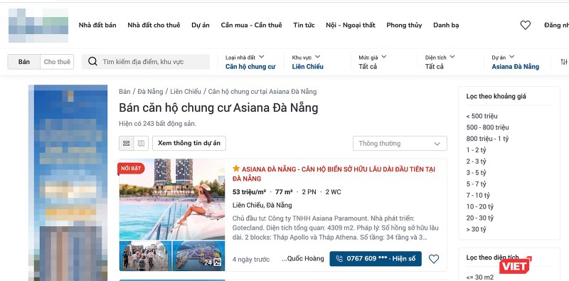 Bất chấp dự án Khu căn hộ Asiana chưa đủ điều kiện, các trang web vẫn rao bán