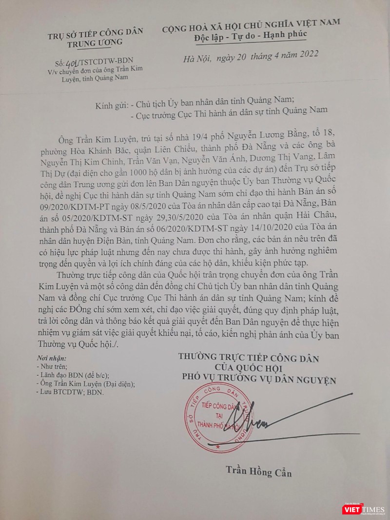 Đơn chuyển của Thường trực tiếp công dân của Quốc hội đến lãnh đạo tỉnh Quảng Nam