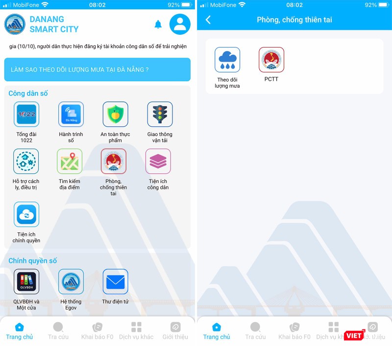 Tính năng "Theo dõi lượng mưa" trên ứng dụng Danang Smart City Tính năng "Theo dõi lượng mưa" trên ứng dụng Danang Smart City