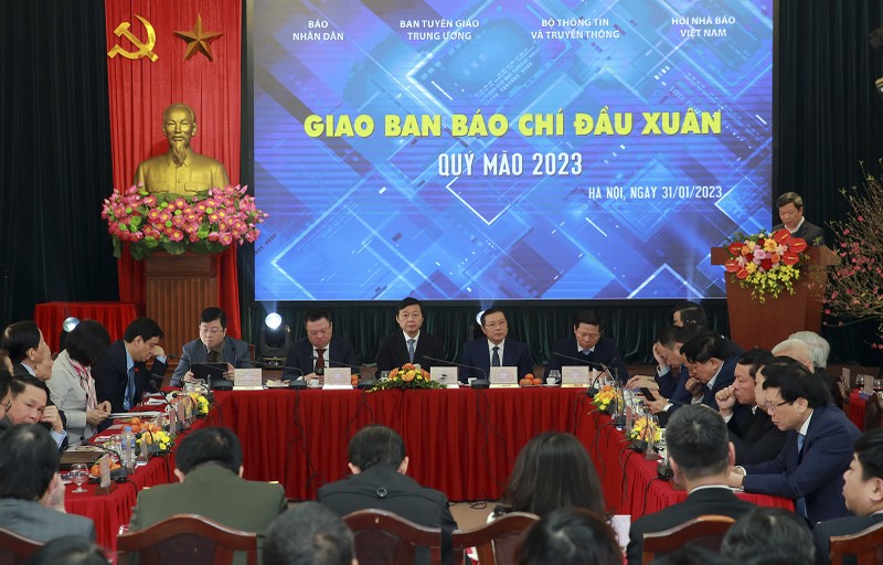 Quang cảnh Giao ban Báo chí đầu xuân Quý Mão 2023 vừa diễn ra sáng nay (31/1), tại Hà Nội. (Ảnh: VGP/Minh Khôi) Quang cảnh Giao ban Báo chí đầu xuân Quý Mão 2023 vừa diễn ra sáng nay (31/1), tại Hà Nội. (Ảnh: VGP/Minh Khôi)