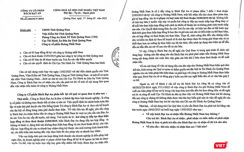 Văn bản phúc đáp của Công ty Bách Đạt An trước sự chỉ đạo của tỉnh Quảng Nam về vụ việc Văn bản phúc đáp của Công ty Bách Đạt An trước sự chỉ đạo của tỉnh Quảng Nam về vụ việc