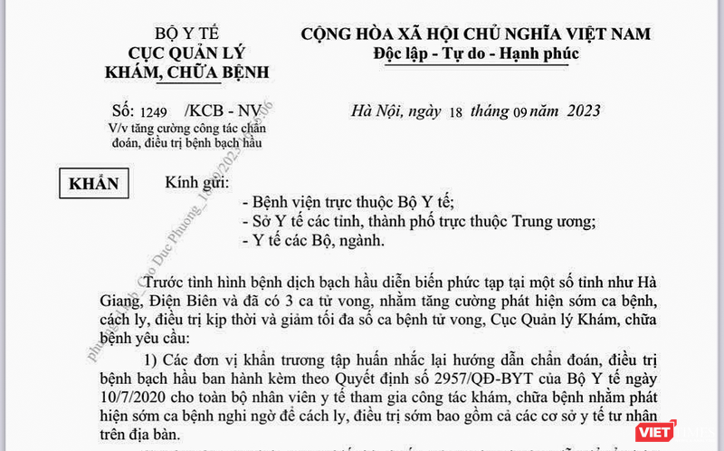 Văn bản chỉ đạo khẩn của Bộ Y tế trước tình trạng dịch bạch cầu diễn biến phức tạp tại 1 số tỉnh phía Bắc.