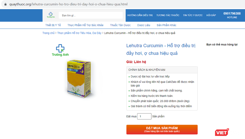 Thực phẩm bảo vệ sức khỏe Lehutra-curcumin do Công ty TNHH Dược Phẩm Lehutra công bố và chịu trách nhiệm về sản phẩm quảng cáo gây hiểu nhầm có tác dụng như thuốc. (ảnh CATTP) vt_sai su that 1.png