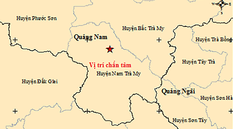 Vị trí trận động đất có độ lớn 3.4 richter, độ sâu chấn tiêu khoảng 8.2 km, trên địa bàn huyện Nam Trà My, tỉnh Quảng Nam trong ngày 25/2.