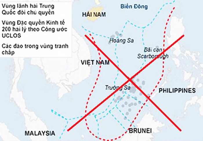 Bản đồ đường 9 đoạn, vẫn được gọi là "đường lưỡi bò", mà Trung Quốc đã vẽ ra trình lên Liên Hiệp Quốc năm 2009, tuyên bố chủ quyền đối với hầu hết Biển Đông. Ảnh tư liệu.