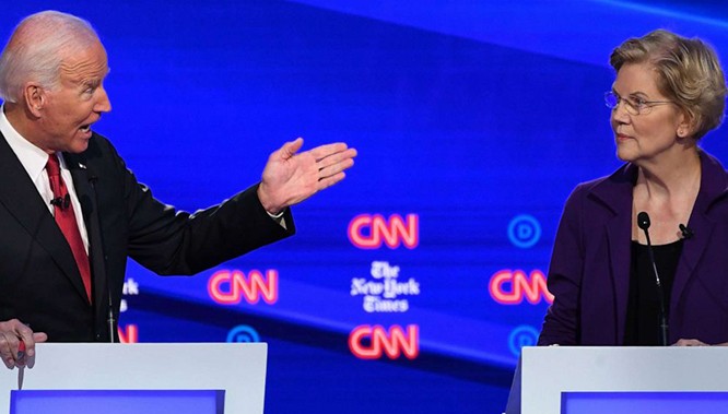 Cựu phó tổng thống Joe Biden tranh luận với Thượng nghị sĩ Elizabeth Warren. Cựu phó tổng thống Joe Biden tranh luận với Thượng nghị sĩ Elizabeth Warren.