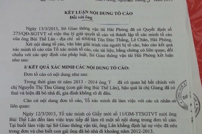 Bản kết luận về đơn tố cáo PGĐ sở GTVT Hải Phòng quan hệ bất chính