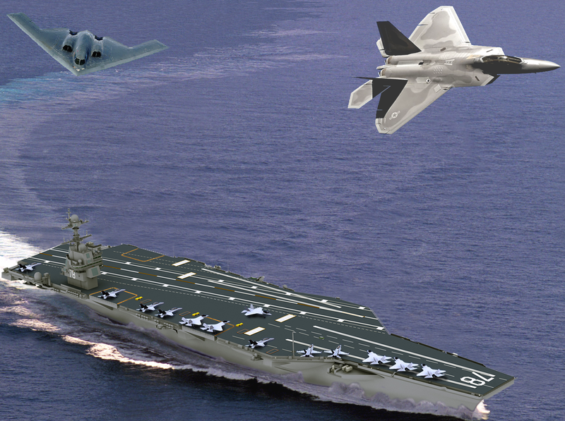 Tàu sân bay Ford  với máy bay ném bom B-2 và chiến đấu cơ tàng hình F-22 