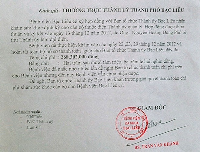 Công văn nhắc nợ lần 5 của Bệnh viện Bạc Liêu.Ảnh: CTV