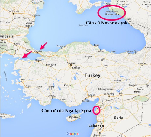 Tàu Nga từ căn cứ Novorossiysk tạiBiển Đen phải đi qua eo biển Thổ Nhĩ Kỳ nếu muốn đến căn cứ Nga tại Syria ở Địa Trung Hải. Đồ họa: Google Maps Tàu Nga từ căn cứ Novorossiysk tạiBiển Đen phải đi qua eo biển Thổ Nhĩ Kỳ nếu muốn đến căn cứ Nga tại Syria ở Địa Trung Hải. Đồ họa: Google Maps