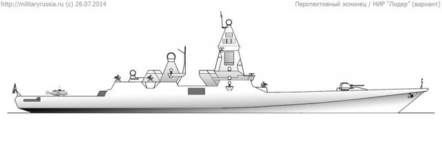 Hình chiếu bên của tàu khu trục tương lai Lider (militaryrussia.ru). Projekt 23560 Lider được trang bị gần 60 tên lửa hành trình chống hạm, 128 tên lửa phòng không và 16 tên lửa chống ngầm và 2 trực thăng đa nhiệm Hình chiếu bên của tàu khu trục tương lai Lider (militaryrussia.ru). Projekt 23560 Lider được trang bị gần 60 tên lửa hành trình chống hạm, 128 tên lửa phòng không và 16 tên lửa chống ngầm và 2 trực thăng đa nhiệm