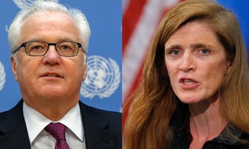 Đại sứ Nga tại Liên Hợp Quốc Vitaly Churkin (trái) và đại sứ Mỹ tại Liên Hợp Quốc Samantha Power. Ảnh: Reuters.