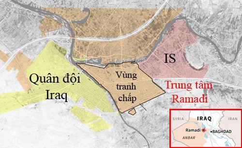 Quân đội Iraq tiến vào từ nhiều hướng, vây chặt phiến quân IS ở trung tâm Ramadi. Đồ họa:NYTimes Quân đội Iraq tiến vào từ nhiều hướng, vây chặt phiến quân IS ở trung tâm Ramadi. Đồ họa:NYTimes