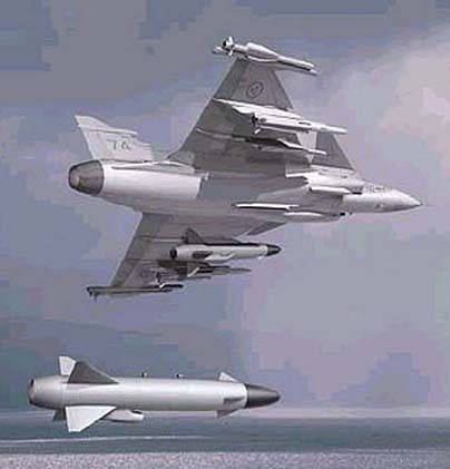 Tên lửa chống hạm RBS-15 tầm bắn 250 km phóng đi từ JAS-39 Gripen