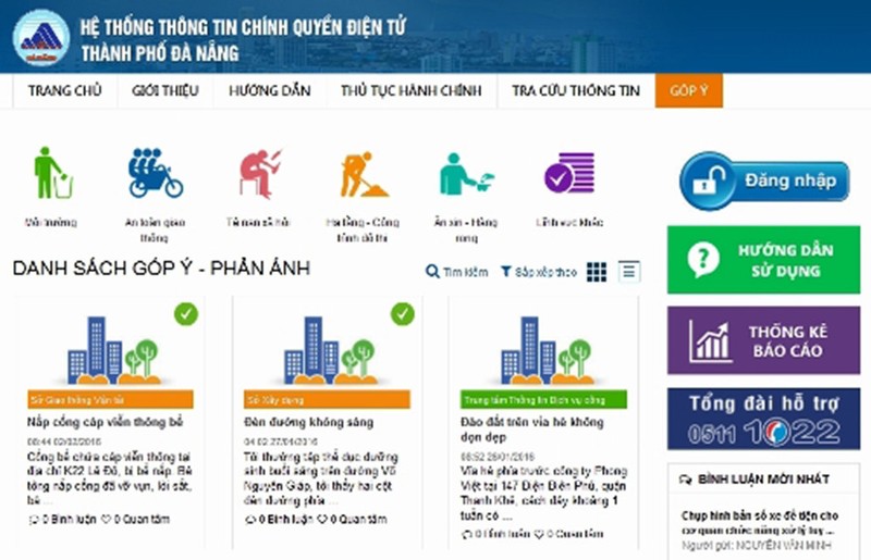 Giao diện của trang gopy.dangnang.gov.vn, địa chỉ để người dân và du khách phản ánh các vấn đề xã hội liên quan đến TP Đà Nẵng.