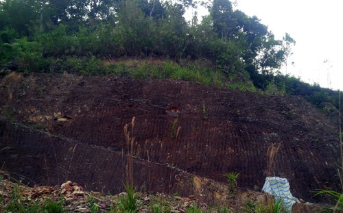 Ngọn núi nơi đường hầm thông qua. Miệng hầm được che kín bạt trắng. Ảnh: Tiến Hùng.