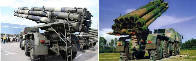 Hệ thống rocket phóng loạt 9K58 Smerch của Nga (trái) và PHL-03 của Trung Quốc (phải) Hệ thống rocket phóng loạt 9K58 Smerch của Nga (trái) và PHL-03 của Trung Quốc (phải)