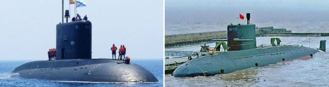 Tàu ngầm điện-diesel lớp Projekt 877EKM Paltus của Nga (trái) và Type-041 của Trung Quốc (phải) Tàu ngầm điện-diesel lớp Projekt 877EKM Paltus của Nga (trái) và Type-041 của Trung Quốc (phải)