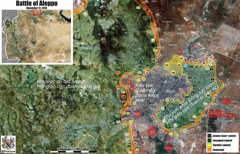 Bản đồ chiến sự Aleppo tính đến ngày 12.11.2016, nguồn Al Masdar News