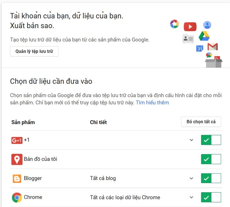 Giao diện sao lưu tài khoản Google