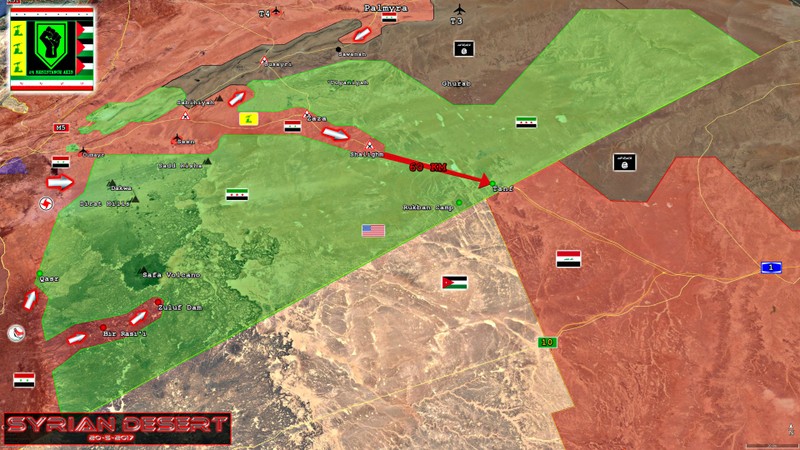 Bản đồ chiến sự vùng biên giới tam giác Iraq, Syria, Jordan, các mũi tấn công chính của quân đội Syria