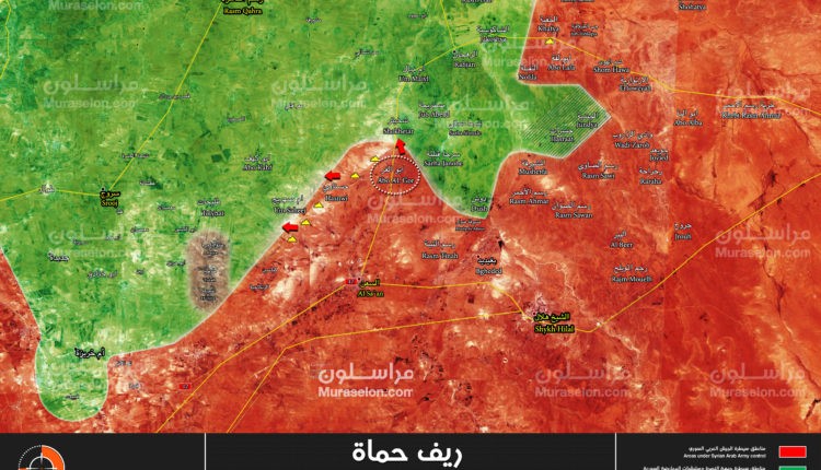 Bản đồ tình hình chiến sự miền bắc tỉnh Hama, giáp giới tỉnh Idlib, quân đội Syria giải phóng Abu Al-Ghir, Hasnawi - ảnh Muraselon