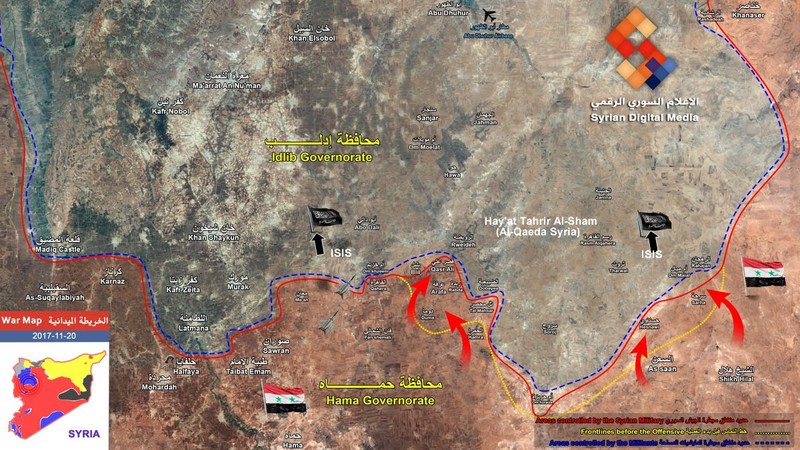 Bản đồ chiến sự vùng đông bắc tỉnh Hama và Idlib - ảnh Syrian Digital Media