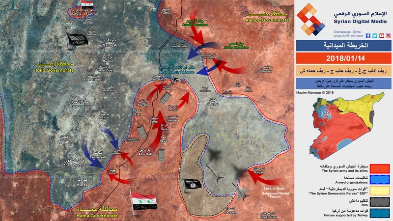 Chiến tuyến khu vực Hama, Aleppo, Idlib tính đến ngày 14.01.2018, quân tình nguyện Syria tiến công IS - ảnh truyền thông Syrian Digital Media