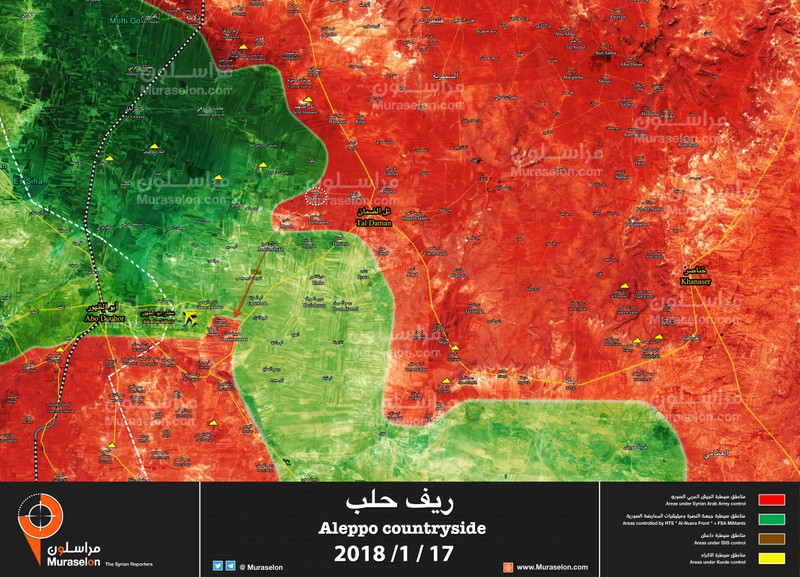 Tổng quan tình hình chiến trường Syria, khu vực Aleppo, Hama, Idlib ngày 17.01.2018 theo Muraselon