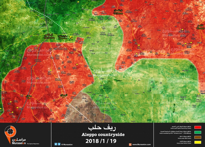 Chiến tuyến chiến trường Idlib - Aleppo tính đến ngày 19.01.2018 theo Muraselon