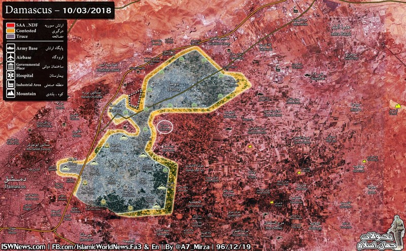 Bản đồ chiến sự khu vực Đông Ghouta, quân đội Syria giải phóng Misraba, chia cắt thành 2 vùng chiến tuyến - ảnh South Front