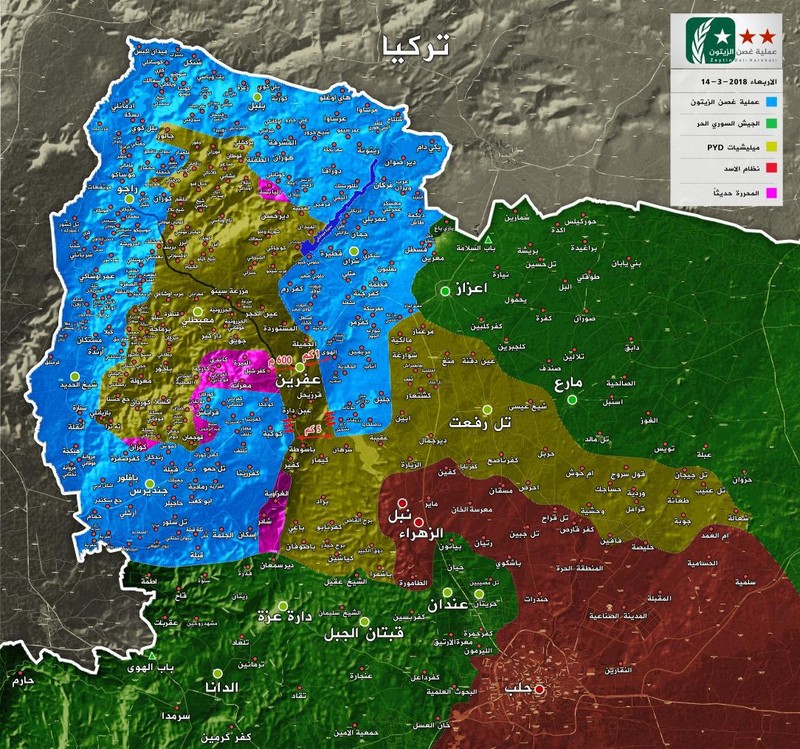 Tình hình chiến sự Afrin tính đến ngày 14.03.2018 theo truyền thông "đối lập" Syria, ảnh của FSA