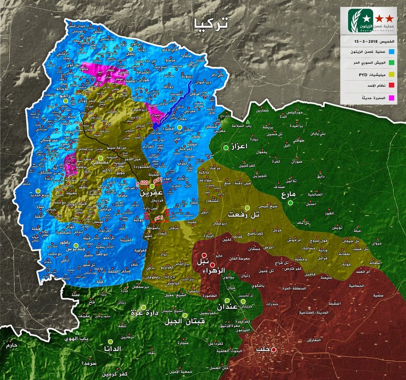 Tình hình chiến sự chiến trường Afrin tính đến ngày 15.03.2018. ảnh truyền thông FSA