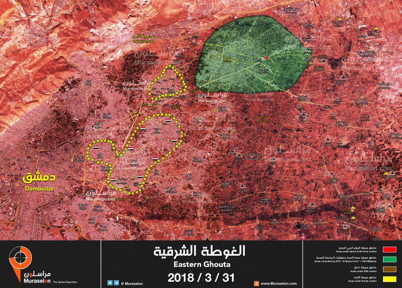 Bản đồ chiến sự Đông Ghouta tính đến ngày 31.03.2018 theo Muraselon