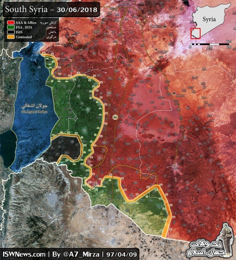 Toàn cảnh chiến trường Daraa tính đến ngày 30.06.2018 theo South Front