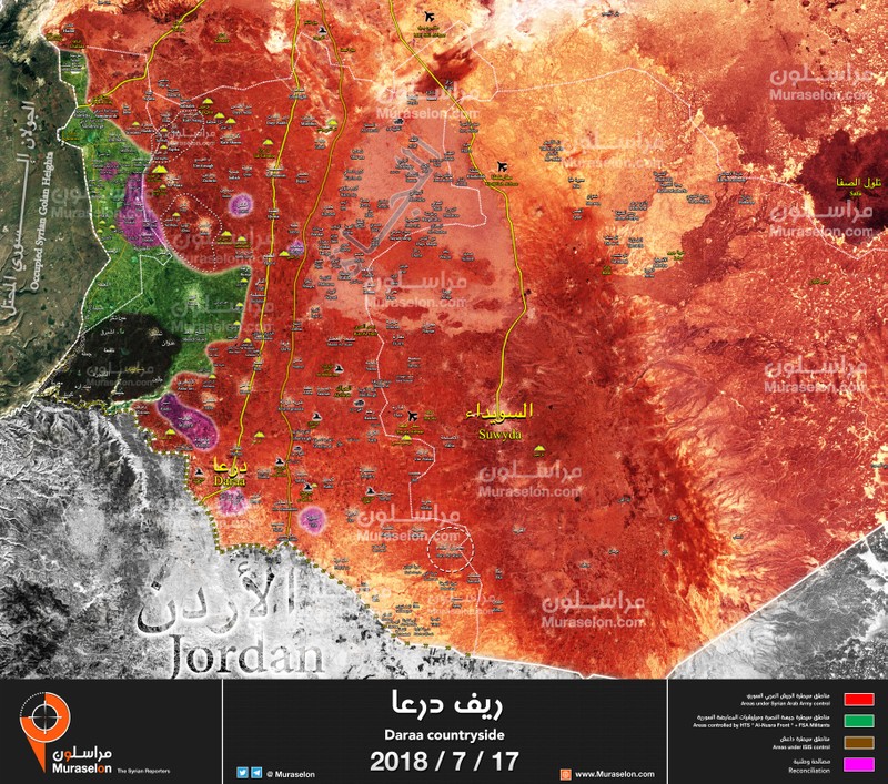 Chiến tuyến quân đội Syria trên địa phận tỉnh Daraa và Quneitra tính đến ngày 17.07.2018 theo Muraselon