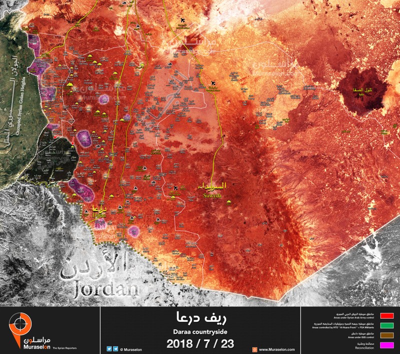 Toàn cảnh chiến trường Daraa tính đến ngày 23.07.2018 theo Muraselon