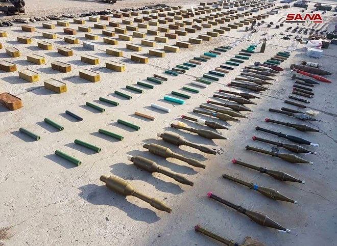 Kho vũ khí thu được trên địa phận tỉnh Homs. Ảnh SANA Kho vũ khí thu được trên địa phận tỉnh Homs. Ảnh SANA