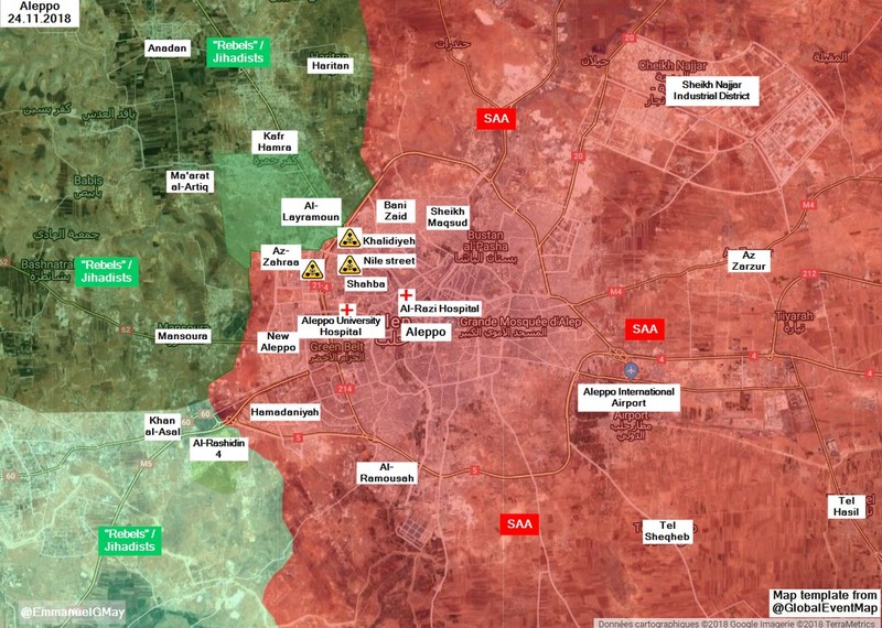 Bản đồ những khu vực bị tấn công bằng đạn khí gas clo ở Aleppo. Ảnh South Front