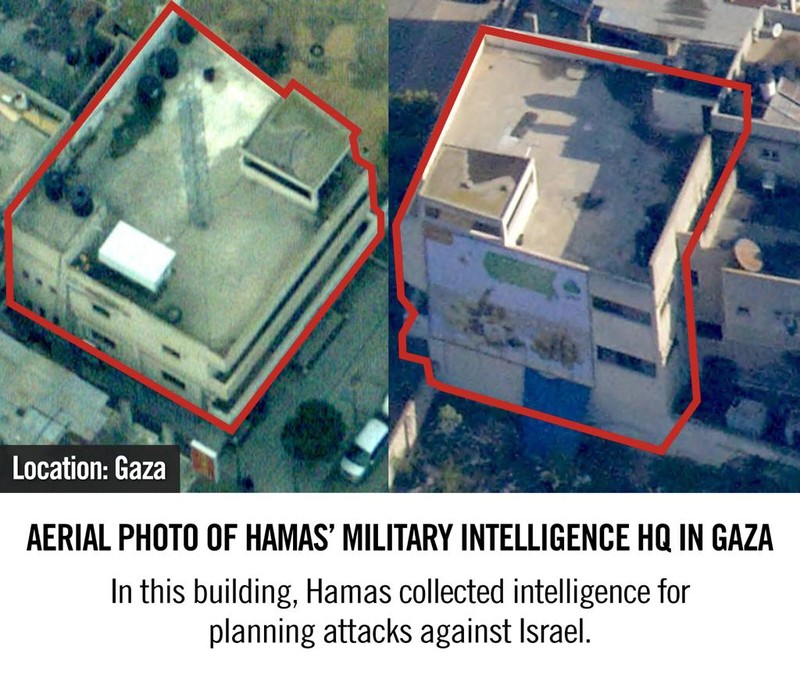 Các mục tiêu được cho là của Hamas, bao gồm sở chỉ huy an ninh và trung tâm tình báo bí mật. Ảnh: tài khoản Twitter quân đội Israel.