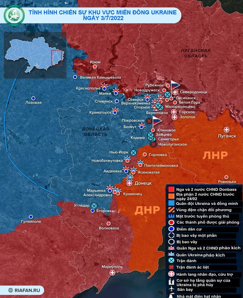 Tình hình chiến sự vùng Donbass ngày 3/7 (Ảnh: RIA.FAN) Tình hình chiến sự vùng Donbass ngày 3/7 (Ảnh: RIA.FAN)