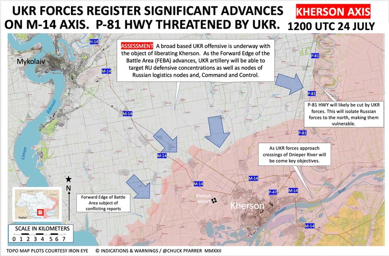 Bản đồ kế hoạch phản công dự kiến của quân đội Ukraine vào Kherson. Ảnh truyền thông mạng xã hội Twitter WarMonitor. Bản đồ kế hoạch phản công dự kiến của quân đội Ukraine vào Kherson. Ảnh truyền thông mạng xã hội Twitter WarMonitor.